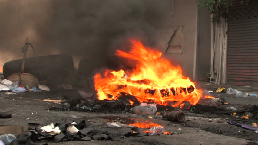 Burning City Street during riots, Bangkok, April 2010