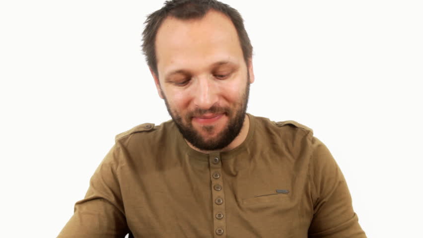 Happy man eating fast food, hamburger and french fries and drinking cola, isolated