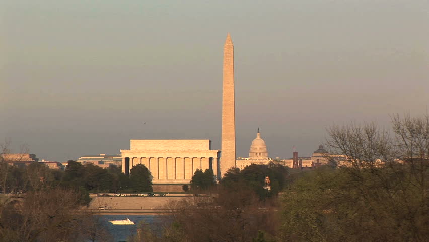 Line up of U.S. Capitol, Washington Monument, & Lincoln Memorial in Washington D.C., shot from Virginia