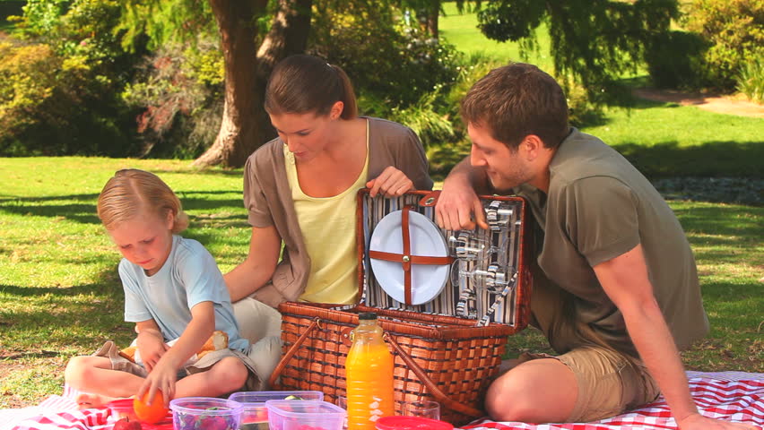 Family before a picnic in a park