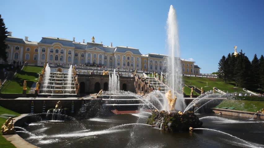fountain Samson and Grand Cascade fountains in front of Royal Petrodvorets, Saint Petersburg, Russia