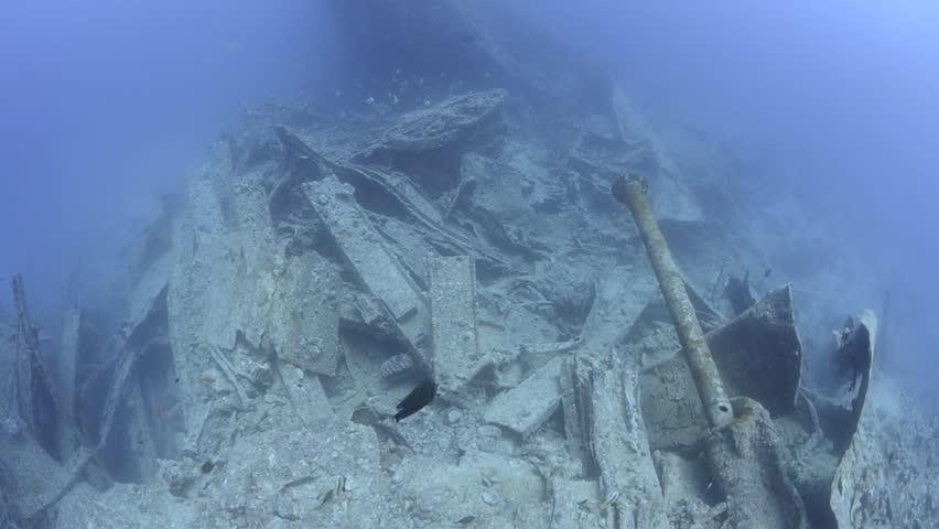 Fisheye Wide angle view of the SS Thistlegorm. Gulf of Suez, Red Sea, Egypt.
