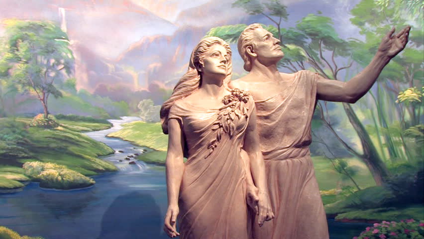 Video slow pan of statue of Adam and Eve in the Garden of Eden. Visitor Center of the Church of Jesus Christ of Latter-Day Saints, Mormon. Salt Lake City Utah. 