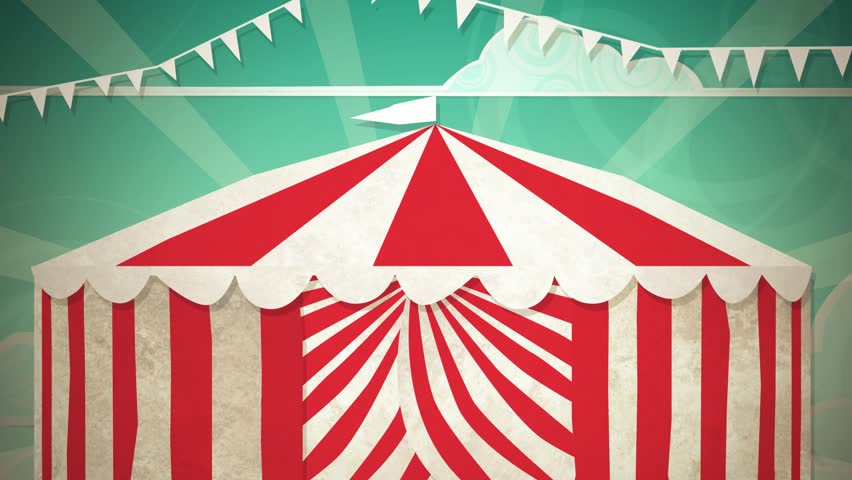 Dynamic graphic animation using paper cutout styled elements to illustrate a circus tent opening. High definition 1080p.