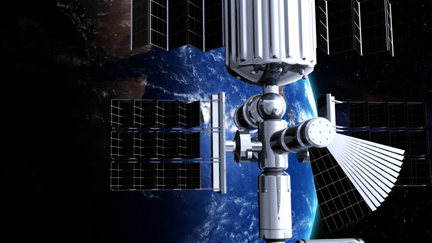 Zoom out from Earth to orbit. Flying around the satellite 