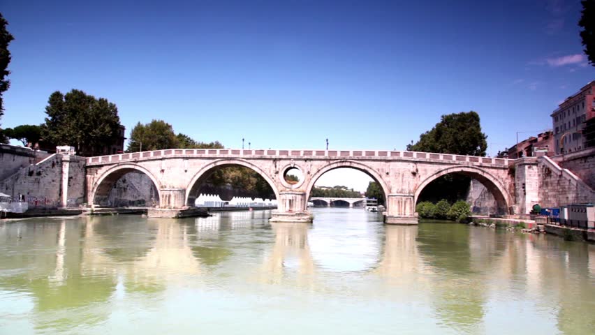 Ponte Sisto closer at sunny day, camera moves down the river