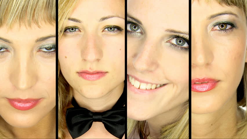 A set of four portraits of a pretty young woman. Collage.