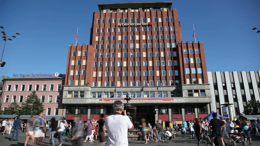 OSLO, NORWAY - JULY 27: (Timelapse view) People in front of Arbeiderpartiet (Labor party) building days after the 2011 Norway attacks in Oslo, Norway on Friday, July 22, 2011. Timelapse video recorded on July 27, 2011. 
