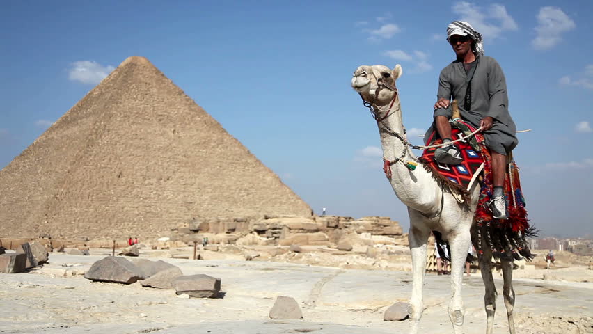 Man on camel near the great pyramids