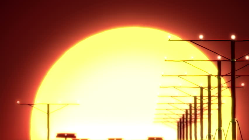 airplane landing at sunset, beautiful 3d animation