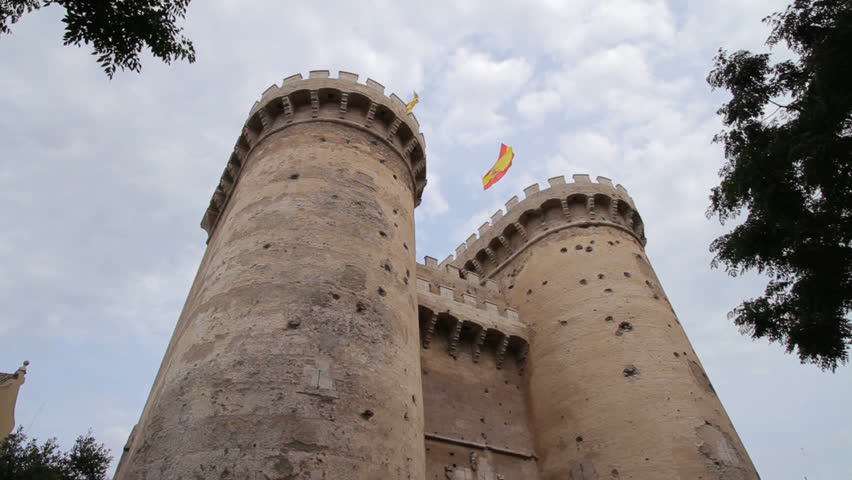 Valencia, Spain - Torres de Quart (Cuart), twin towers of a medieval city wall and now landmark and tourist attraction. The facades show impacts of a bombing in 1808 (June 2011, 1080p).