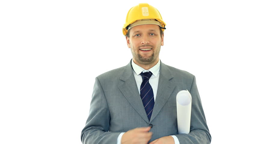 Successful engineer in yellow helmet showing ok sign, isolated on white 