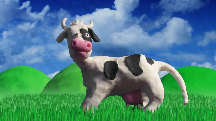 clay animation cow eating grass
