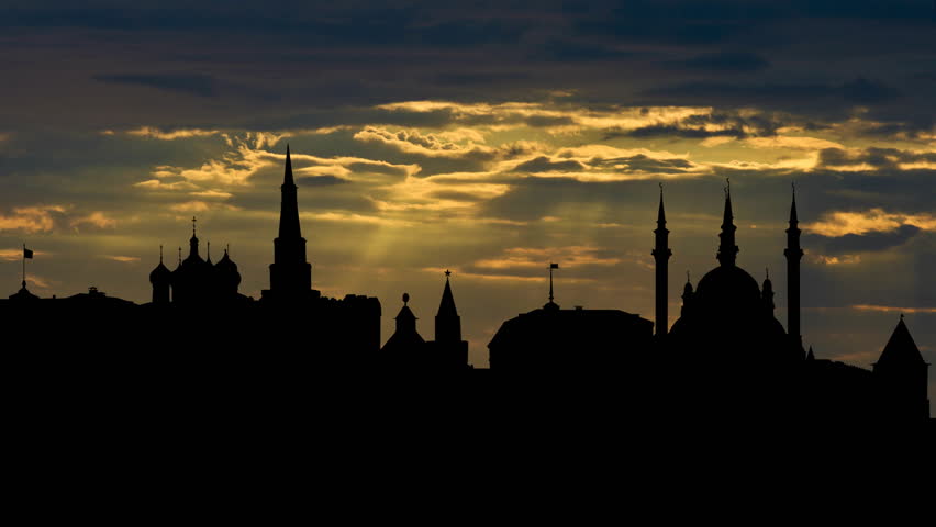 Kazan Kremlin, beautiful historic and architectural complex, part of the UNESCO world heritage, with the dreamy and cloudy golden sunset