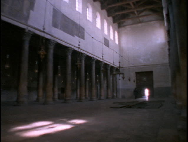 Tall columns and a stark interior characterize the Church of the Nativity in Bethlehem.