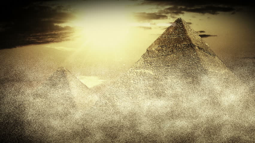 Realistic Egyptian Pyramids in sandstorm, old style shot with slight camera movement, animation.