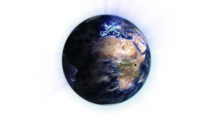 Blue network on a lighted and shaded Earth with moving clouds 
