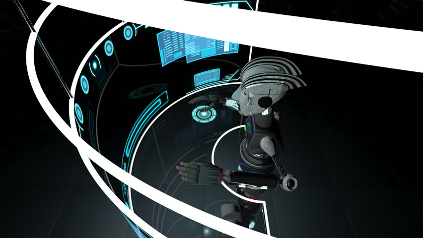 Futuristic 3D robot accessing communication data using touchscreen technology