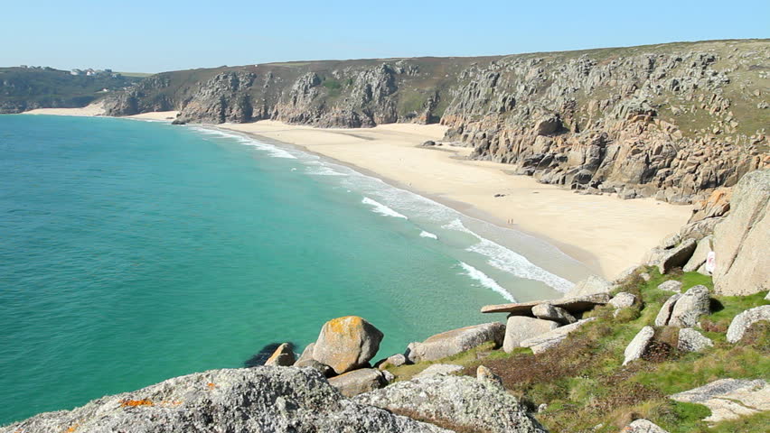 Pedn Vounder tidal beach low spring tide, near Porthcurno, Cornwall UK.