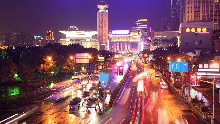 traffic in shanghai at night, time-lapse