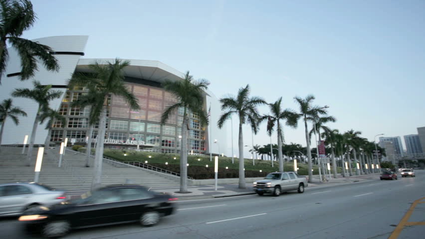 MIAMI, FLORIDA - OCTOBER 12: Pan of of American Airlines Arena  and highway traffic in downtown Miami, October 12, 2011, Miami, Florida, United States. American Airlines Arena is home to the Miami Heat of the National Basketball Association.