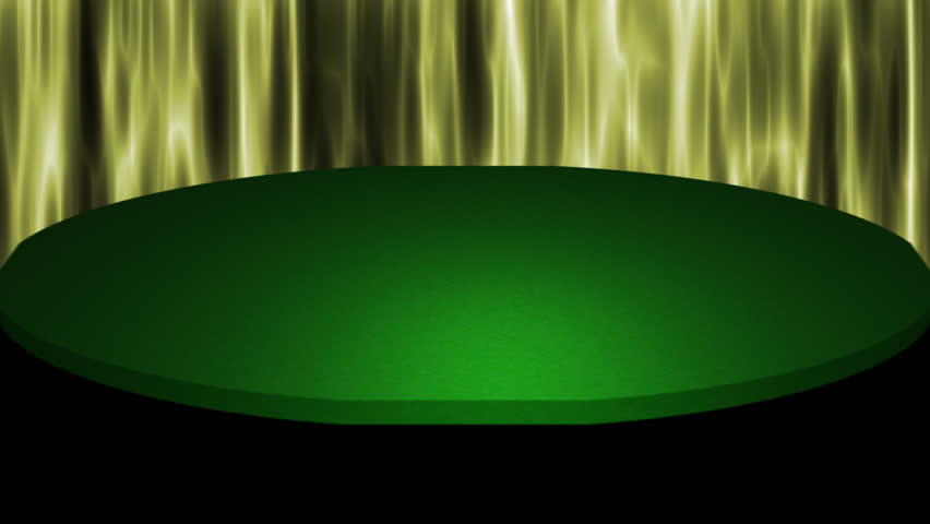 Poker graphic moves on screen over 3D poker table with gold curtains as a backdrop. A royal flush unfolds behind the graphic and a star sweep comes through.  