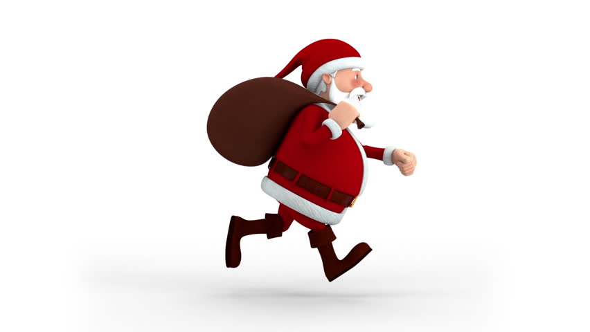 Cartoon Santa Claus with gift bag running on spot - side view - high quality 3d animation