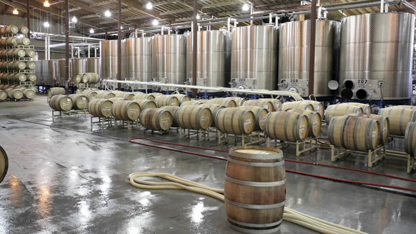 A cellar crew tops off wine barrels during harvest in California wine country.