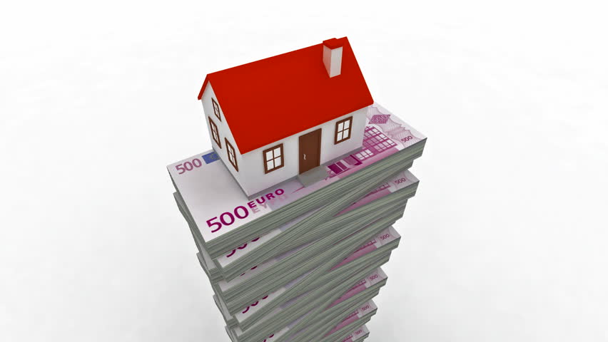 Continuous increasing 500 euro stacks and symbolic home loop able 3d animation in white background with alpha channel.