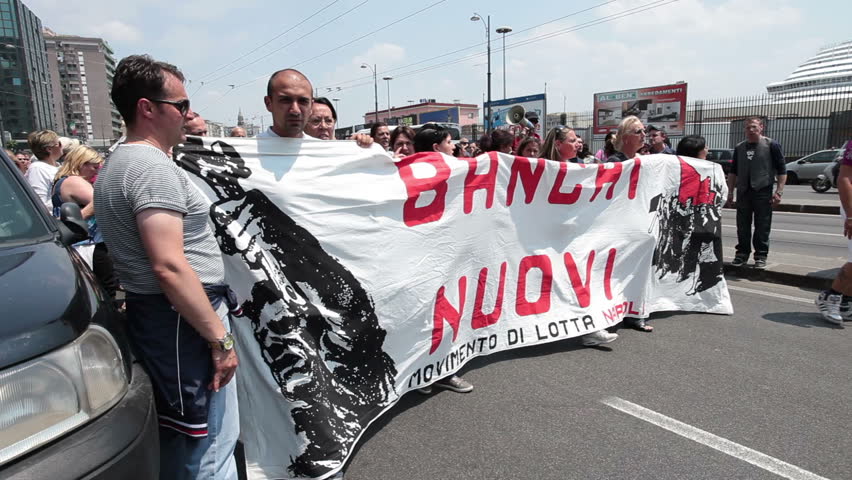 NAPLES, ITALY - MAY 26: Protesters demonstrating on road for employment and financial problems in their country. May, 26 2011 in Naples, Italy. City center. Unemployment and financial crisis growing.
