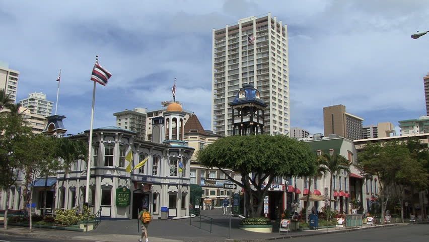 October 2011 - Hawaii - Waikiki flag and buildings
