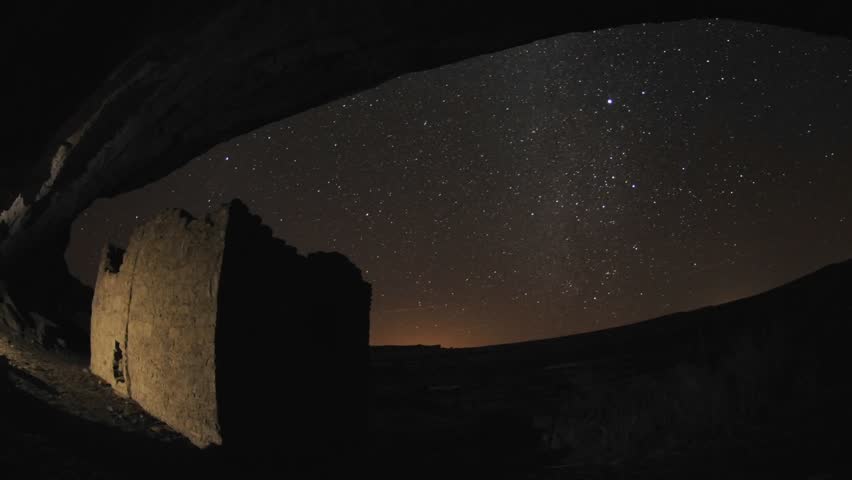 Time lapse of star trails above a Chacoan rock house in Gallo Wash in Chaco Culture National Historical Park, New Mexico.