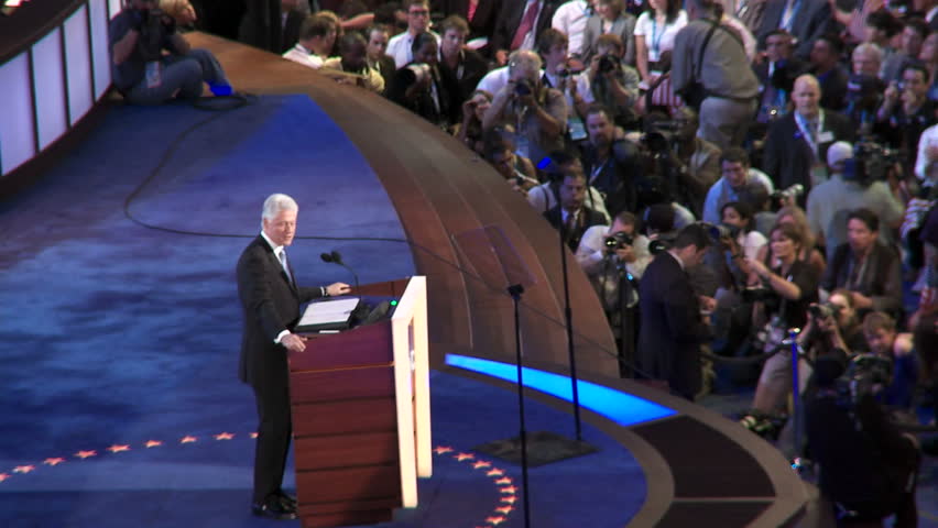 DENVER, COLORADO - CIRCA 2008: Former President Bill Clinton endorsing Presidential Nominee Barack Obama at the Pepsi Center during the 2008 Democratic National Convention.