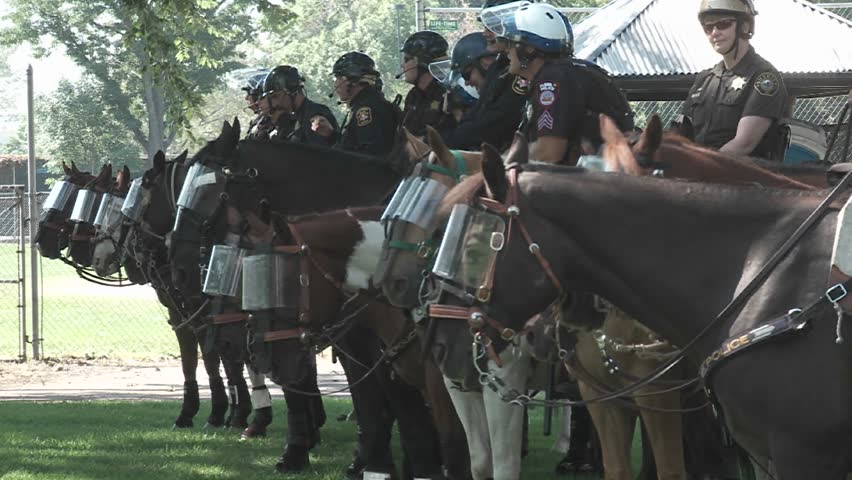 DENVER, COLORADO - CIRCA 2008: Riot police on horseback during the 2008 Democratic National convention.