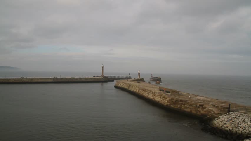 Whitby harbor entrance piers on the north east coast of Yorkshire, UK.