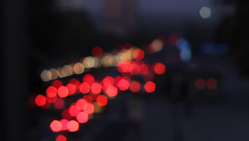 De-focused traffic lights, rush-hour