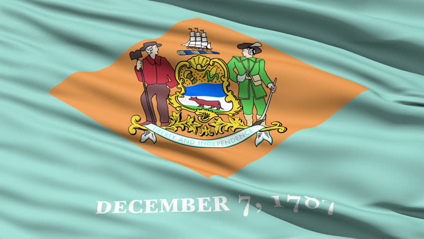 Waving Flag Of The US State Of Delaware with a buff-coloured diamond enclosing the coat of arms on colonial blue chosen to represent the uniform of George Washington.