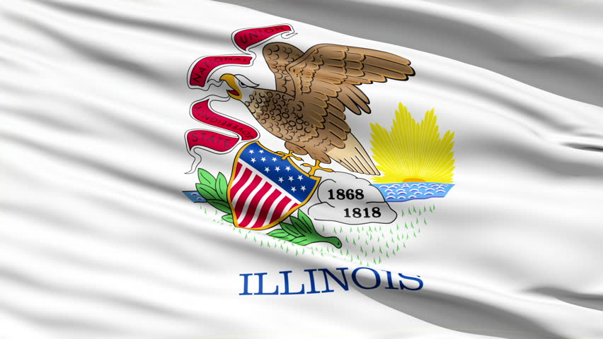 Waving Flag Of The US State of Illinois with the state seal depicting an eagle with a banner in its beak.