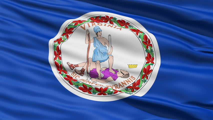 Waving Flag Of The Commonwealth Of Virginia, America, with the official seal depicting the Roman virue of Virtus in the centre.