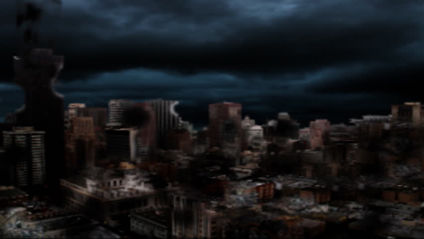Aftermath of Terrorist attack that destroyed entire city with nuclear explosion,  animated with clouds