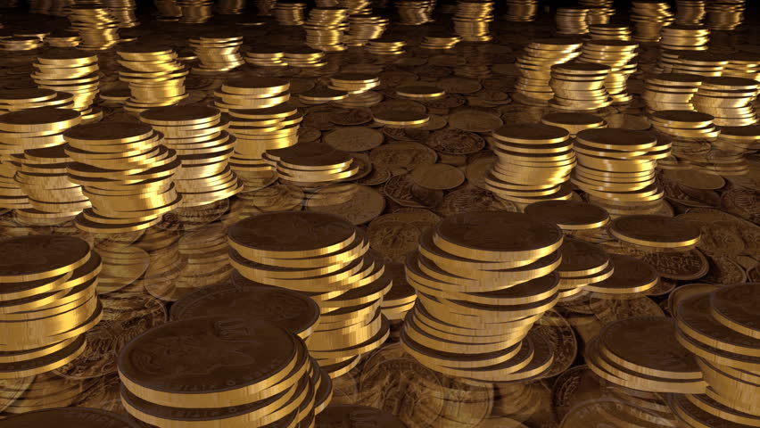 camera flight over gold coins, HD1080p