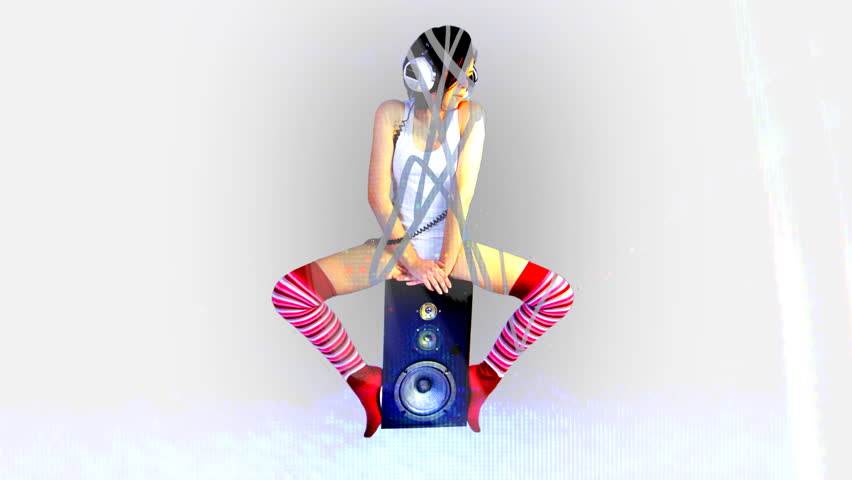 woman sitting on moving speaker, listening to music