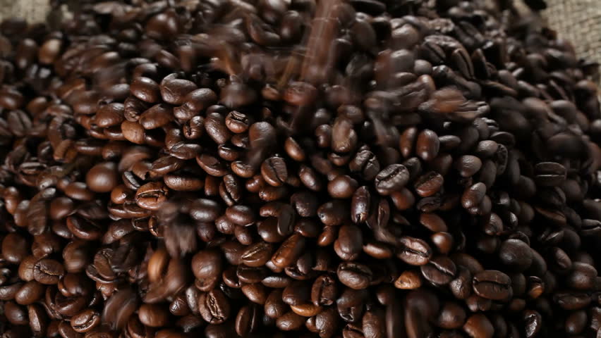 Coffee beans falling on burlap sack