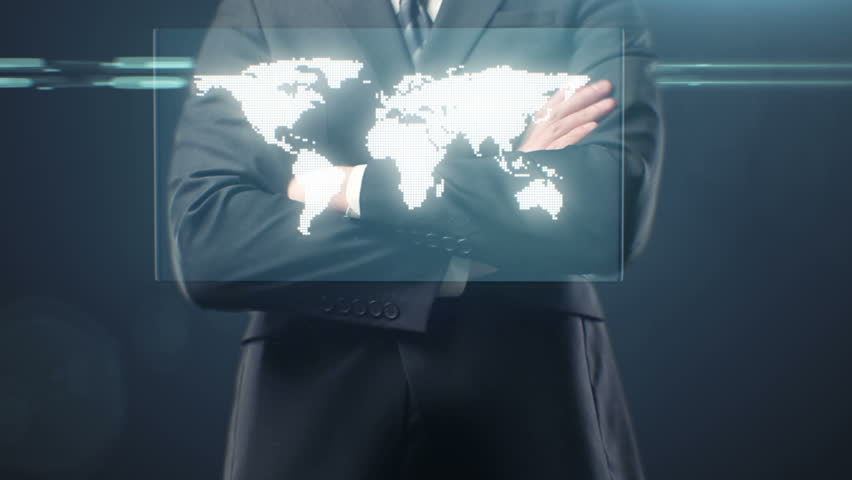 Hand leafing and pushing a button with world map on a touch screen interface. Button with graphs showing rise and fall in profits or earnings. Financial diagrams. Animated profit chart 