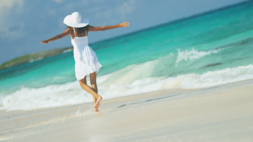 Pretty Latin American Girl In Sundress Hat Barefoot Beach Vacation 