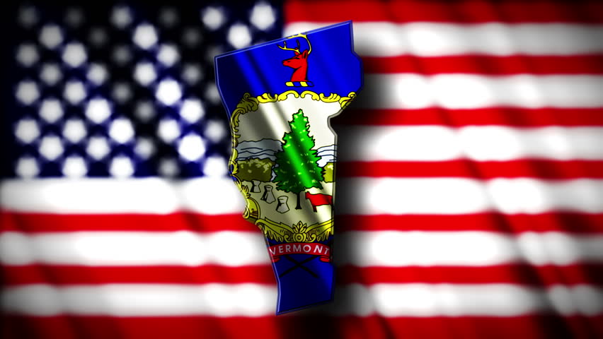 Flag of Vermont in the shape of Vermont state with the USA flag in the background animation