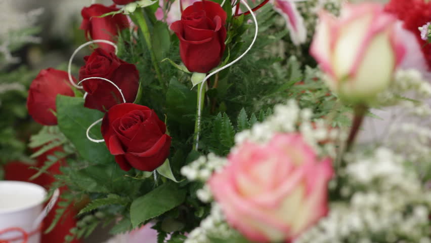 Pink, white, and red roses arrangement for valentines day