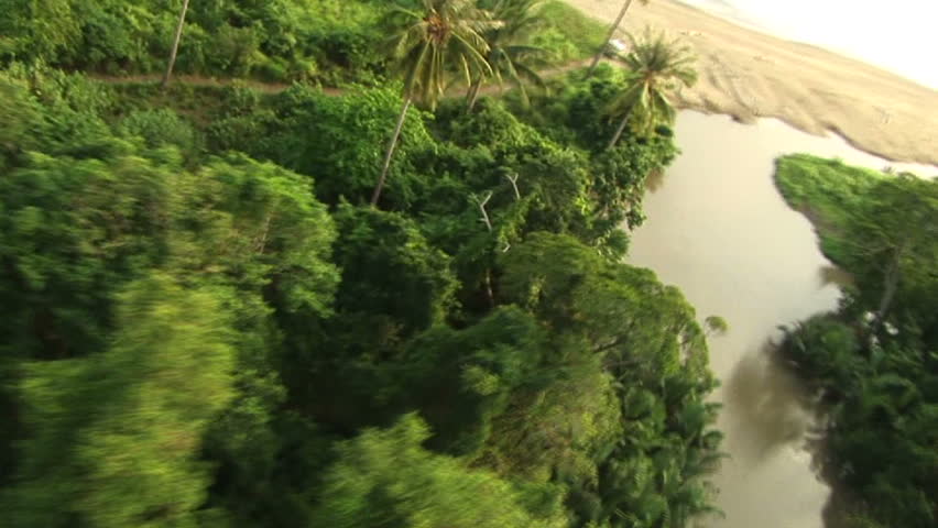 HD: Flying over river and ocean to land on beach