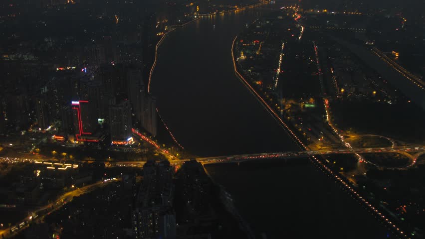 City and Pearl river are visible from viewing point TV tower in night, time lapse 