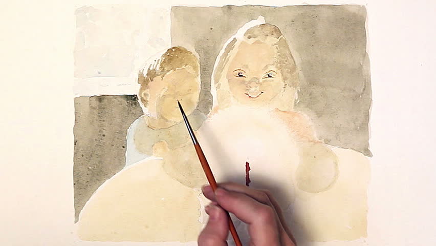 Time lapse of painting a birthday party: two children, a party cake and a candle. 